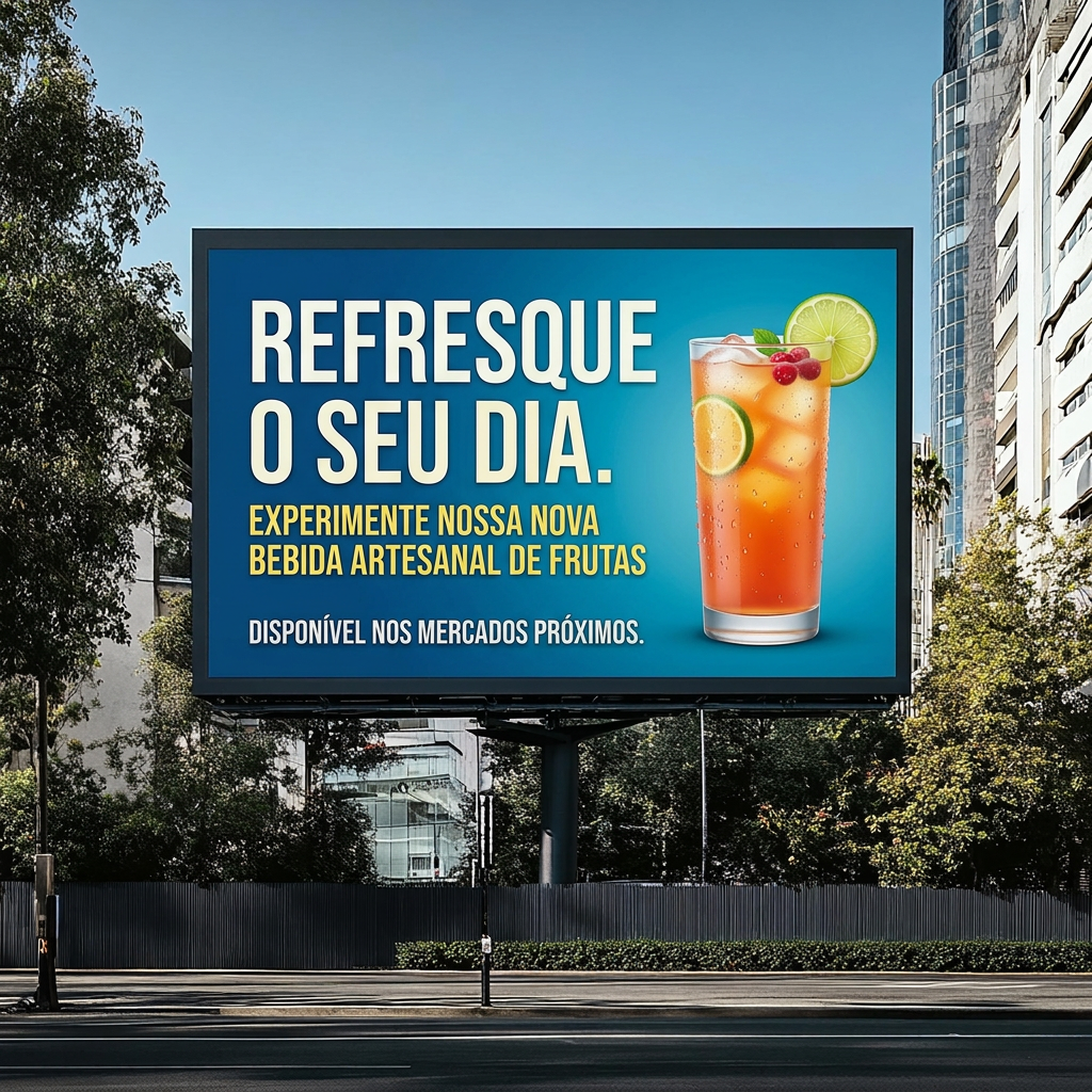 Anúncio de uma bebida artesanal de frutas disponível nos mercados próximos, incentivando a refrescar seu dia com sabor natural e saudável.